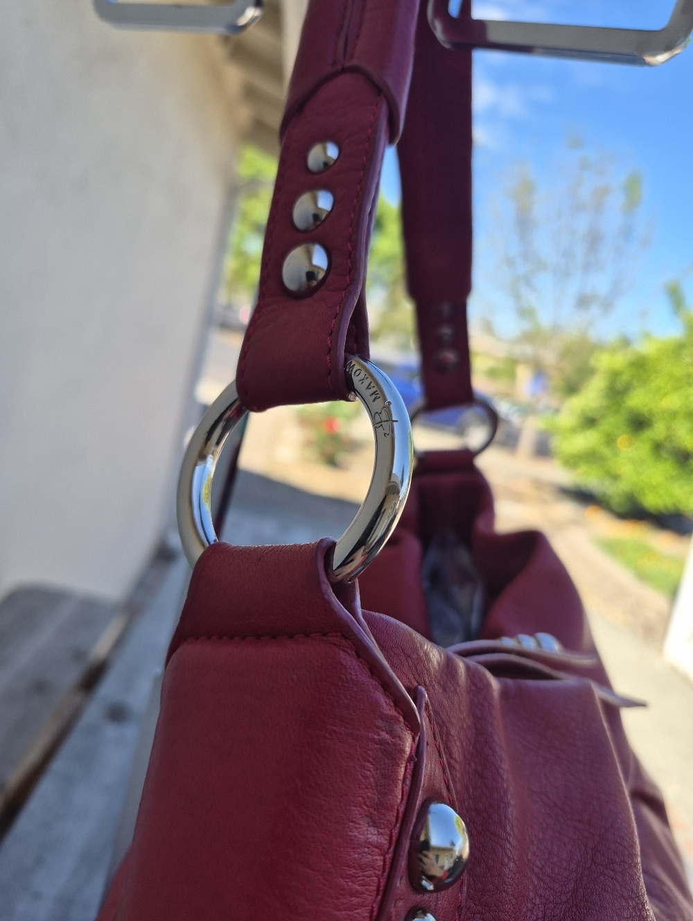 B. Makowsky Vintage Leather Studded Red Hobo Shoulder Bag - Picture 5 of 16